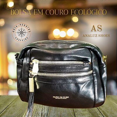 Bolsa pequena na cor Preta com dourado em Couro Ecológico Pavão de Ouro em Peruíbe