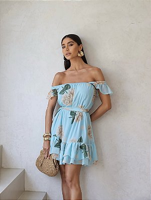 Vestido curto Jasmim estampado azul