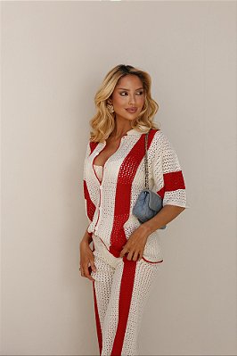 Conjunto Tricot Listras Maldivas vermelho