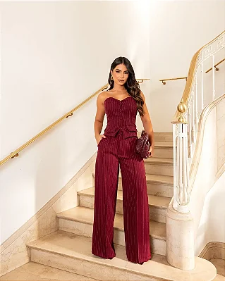 Conjunto alfaiataria Carolina Marsala risca de giz