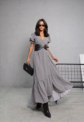 Vestido longo Camile preto e branco