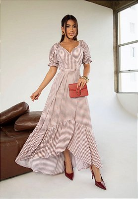 Vestido longo Camile caramelo e branco