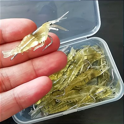 Kit Isca Artificial Camarão de Silicone – Luminoso, Macio e com Anzol – Pesca em Água Doce e Salgada (5, 10 ou 20 Unidades)