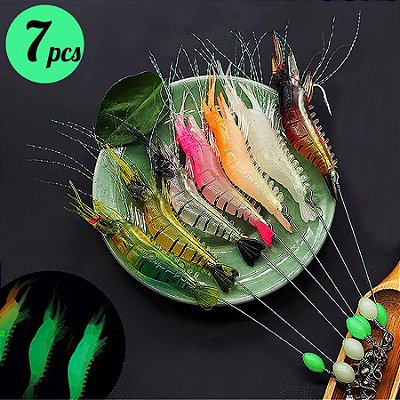 Kit Isca Artificial Camarão de Silicone – Brilha no Escuro, Macio e com Anzol – Pesca Noturna, Água Doce e Salgada (3 ou 7 Unidades)