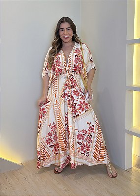 Vestido Viscolinho - Laranja Com Vermelho Flor Manga