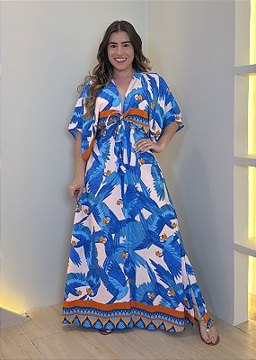 Vestido Viscolinho - Azul com Laranja