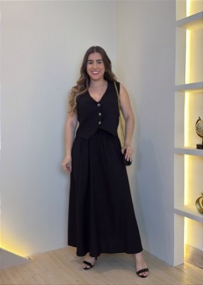 Conjunto Saia Linho Colete - Preto