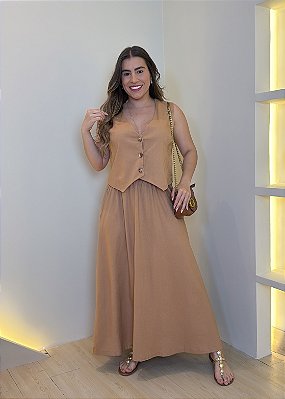 Conjunto Saia Linho Colete - Nude