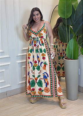 Vestido Alça Estampado - Verde e Laranja