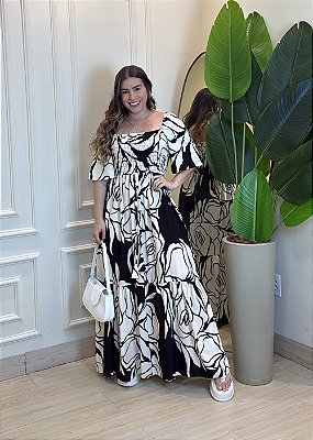 Vestido Viscolinho Elástico- Preto com  Branco