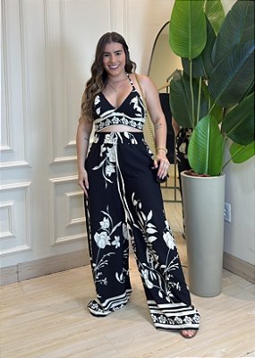 Conjunto Calça e Cropped - Preto Estampado