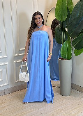 Vestido Longo Linho Tamanho Único com Argola e Fenda Lateral - Azul