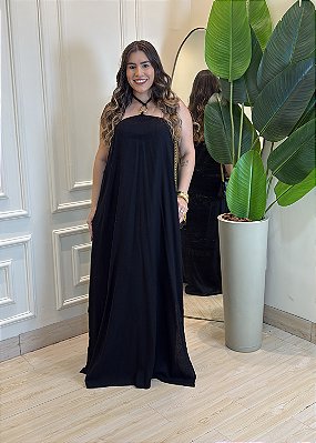 Vestido Longo Linho Tamanho Único com Argola e Fenda Lateral - Preto