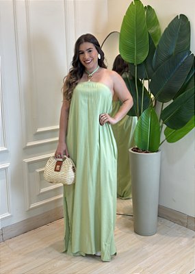 Vestido Longo Linho Tamanho Único com Argola e Fenda Lateral - Verde Menta