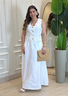 Conjunto Feminino Branco em Alfaiataria Marrant – Colete e Saia Longa (Tamanho Único 36 a 42)