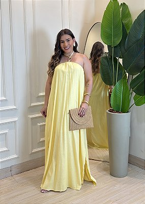 Vestido Longo Linho Tamanho Único com Argola e Fenda Lateral - Amarelo