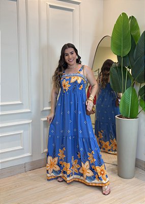 Vestido Midi Viscolinho Estampa Azul Floral – Caimento Leve e Elástico nas Costas