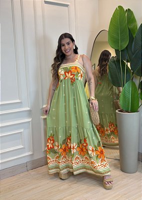 Vestido Midi Viscolinho Estampa Verde Floral – Caimento Leve com Elástico nas Costas