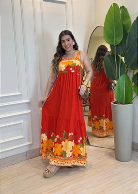 Vestido Midi Viscolinho Estampa Vermelha Floral – Caimento Leve com Elástico nas Costas