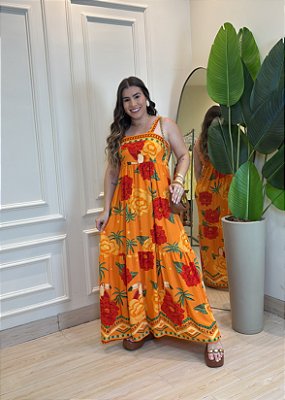 Vestido Midi  Viscolinho Estampa Laranja Tropical – Caimento Leve com Elástico nas Costas