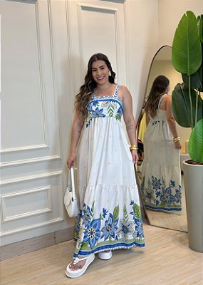 Vestido Midi  Viscolinho Estampa Off-White Floral Azul – Caimento Leve com Elástico nas Costas