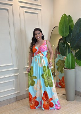 Vestido Longo Viscolinho Floral Azul com Amarração Frontal – Caimento Leve, Cores Vibrantes e Conforto Absoluto