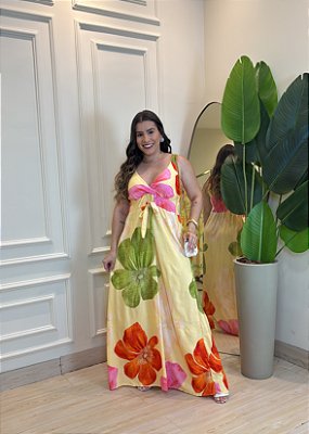 Vestido Longo Viscolinho Floral Amarelo com – Caimento Leve, Cores Vibrantes e Conforto Absoluto