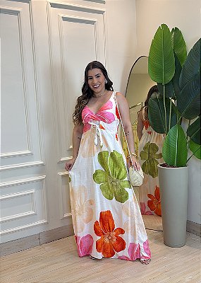 Vestido Longo Viscolinho Floral Off com Amarração Frontal – Caimento Leve, Cores Vibrantes e Conforto Absoluto