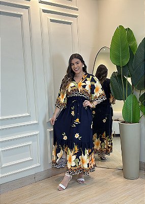 Vestido Longo Preto Floral em Viscolinho com Decote V e Cintura com Elástico – Leve e Elegante