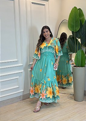 Vestido Midi Verde Agua Floral em Viscolinho com Decote V e Cintura com Elástico – Leve e Elegante
