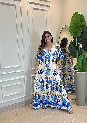Vestido Longo Feminino em Viscolinho Floral Azul com Elástico nas Costas – Leve e Confortável
