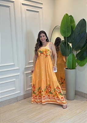 Vestido Midi Viscolinho Estampa Fundo Laranja – Caimento Leve e VElástico nas Costas