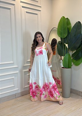 Vestido Midi Viscolinho Estampa Floral Rosa– Caimento Leve e Elástico nas Costas