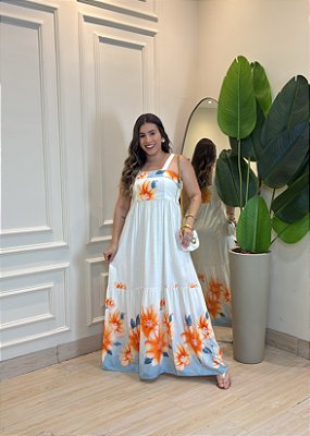 Vestido Midi Viscolinho Estampa Floral Azul – Caimento Leve e Elástico nas Costas
