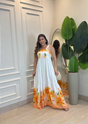 Vestido Midi Viscolinho Estampa Floral Laranja Caimento Leve e Elástico nas Costas