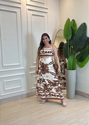 Vestido Midi Feminino em Crepe com Recorte Vazado e Amarração – Estampa Marrom