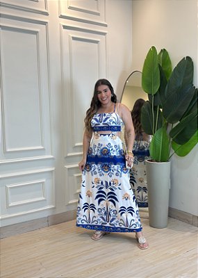 Vestido Midi Feminino em Crepe com Recorte Vazado e Amarração – Estampa coqueirp Azul