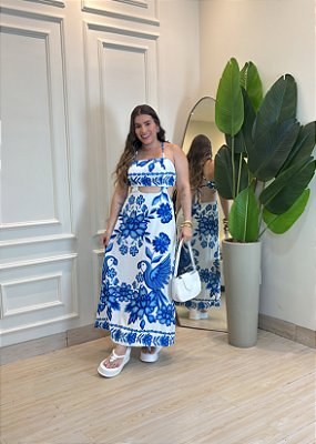 Vestido Midi Feminino em Crepe com Recorte Vazado e Amarração – Estampa Floral Azul