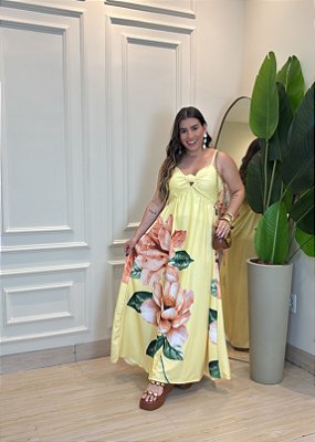 Vestido Midi Feminino em Crepe com Nó Frontal e Amarração – Estampa Floral Amarelo