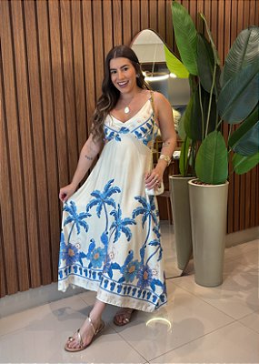 Vestido Estampado Tropical Azul em Viscose com Alça e Lastex – Leve e Confortável