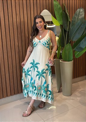 Vestido Estampado Tropical Verde Agua em Viscose com Alça e Lastex – Leve e Confortável