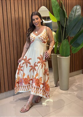 Vestido Estampado Tropical Coral em Viscose com Alça e Lastex – Leve e Confortável