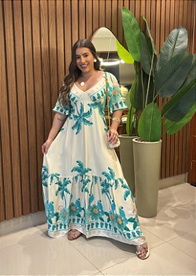 Vestido Midi  Estampado Tropical Verde Agua com Manga em Viscose e Lastex – Conforto e Elegância