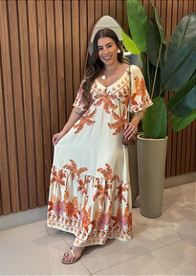 Vestido Midi  Estampado Tropical Coral com Manga em Viscose e Lastex – Conforto e Elegância