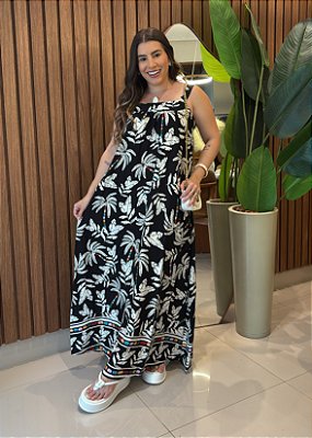 Vestido Midi Estampado Tropical Fundo Preto  em Viscose com Lastex – Leve e Versátil