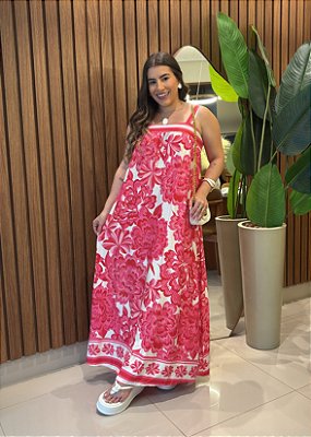 Vestido Midi Estampado Floral Rosa em Viscose com Lastex – Leve, Confortável e Versátil