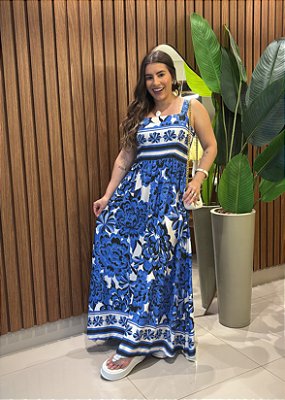 Vestido Midi Estampado Floral Azul em Viscose com Lastex – Leve, Confortável e Versátil
