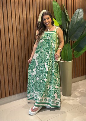 Vestido Midi Estampado Floral Verde em Viscose com Lastex – Leve, Confortável e Versátil