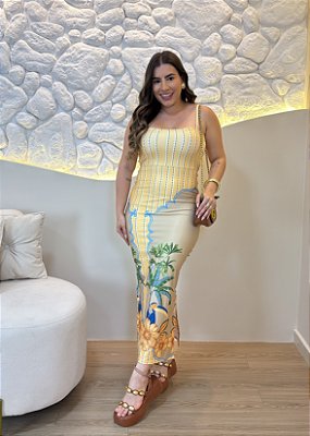 Vestido Midi Tropical Amarelo em Poliamida com Bojo – Costas Abertas e Amarraçã