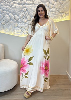 Vestido Midi Viscolinho Floral Rosé com Decote V e Lastex nas Costas –